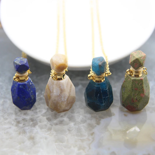 Natural Quartz Faceted Perfume Bottle Pendants Memorial Jewelry,Healing Gems Essential Oil Diffuser Vial Necklace,Women Gift - AMULET RING STORE