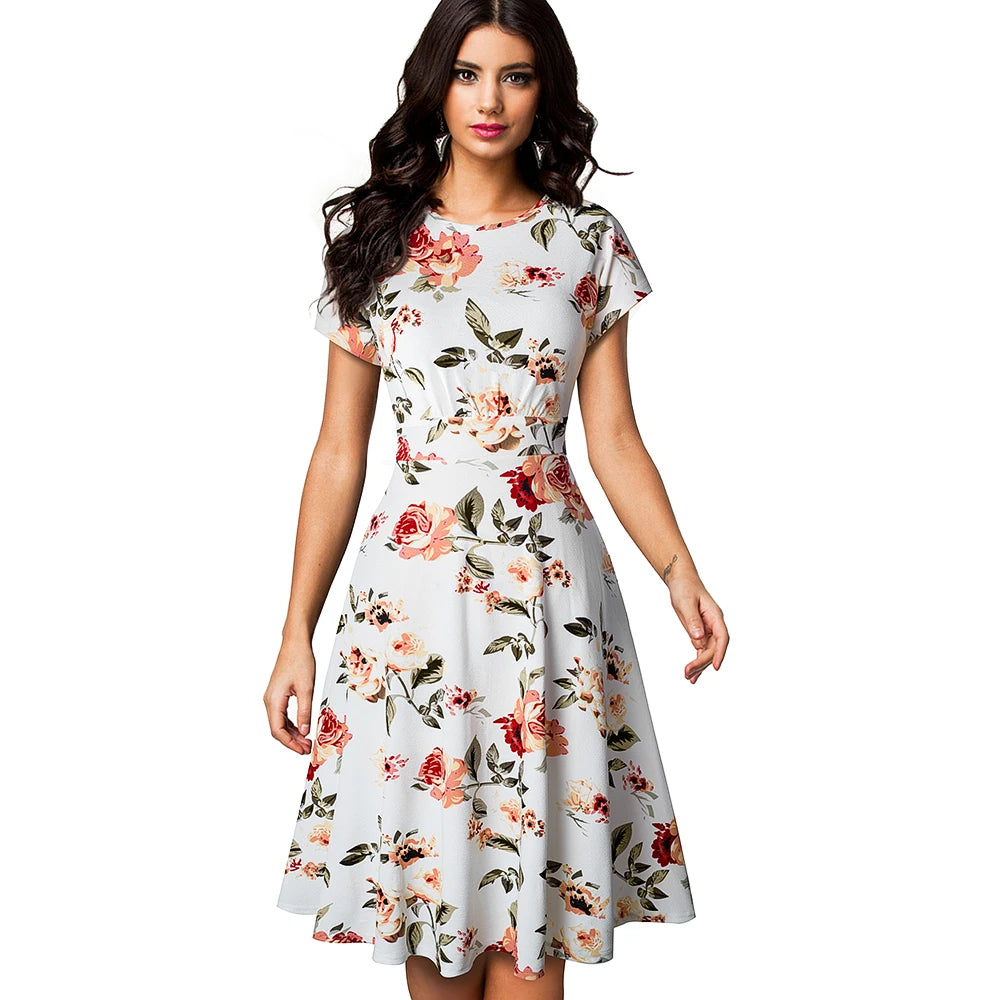 Nice-forever Vintage Elegant Floral Print Pleated Round neck vestidos A-Line Pinup Business Party Women Flare Swing Dress A102