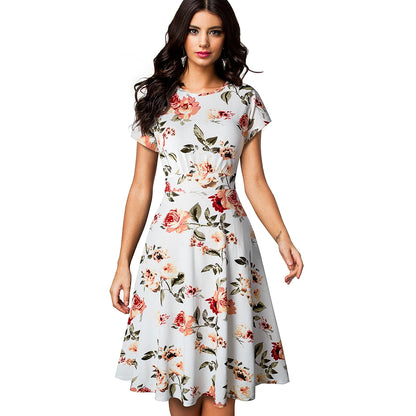 Nice-forever Vintage Elegant Floral Print Pleated Round neck vestidos A-Line Pinup Business Party Women Flare Swing Dress A102