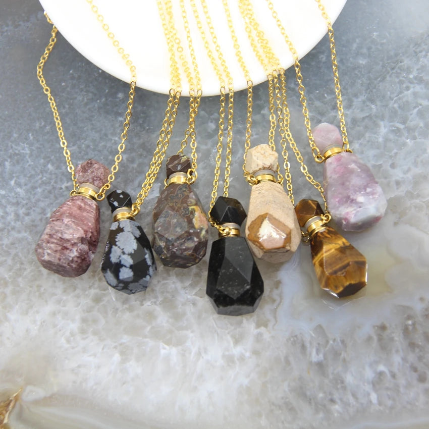 Natural Obsidian Faceted Perfume Bottle Pendants Necklaces,Pink Tourmaline Quartz Essential Oil Diffuser Vial Charms Jewelry - AMULET RING STORE