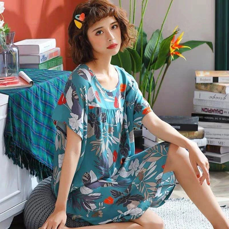 Women summer cotton nightgowns short-sleeved Korean loose big yards 4XL fit 100 kg nightshirt female floral print night dress