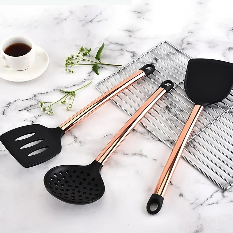 Silicone Kitchenware Large Colander Spatula Soup Spoon Rose Gold Stainless Steel Non-stick Home Kitchen Supplies Cooking Tools