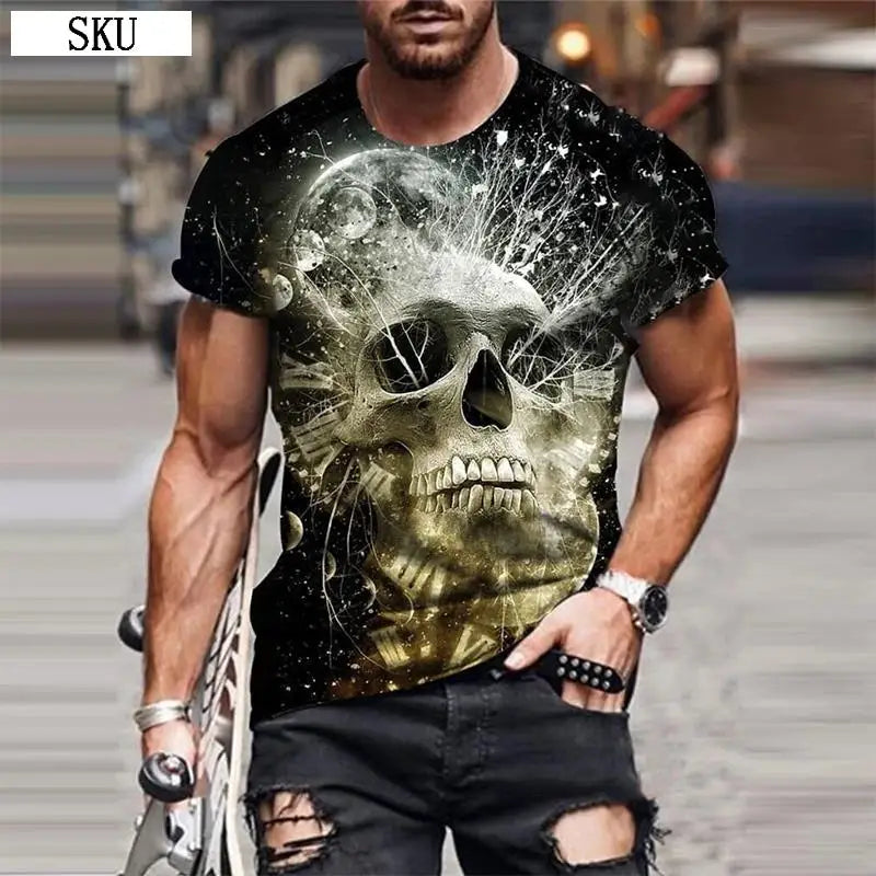 Personality 3D Printing Men's T-Shirt Skull Pattern for Men Demon Streetwear Handsome O-Neck Short Sleeves Casual Tshirt Top Tee - AMULET RING STORE