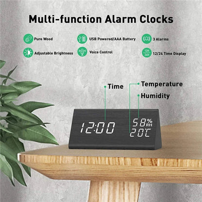 Wooden Alarm Clock Clock LED Time Display USB Charger Humidity and Temperature Detection Digital Alarm Clock For Bedside Table