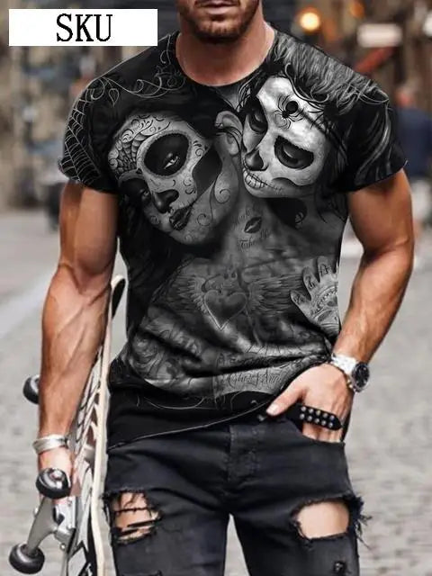 Personality 3D Printing Men's T-Shirt Skull Pattern for Men Demon Streetwear Handsome O-Neck Short Sleeves Casual Tshirt Top Tee - AMULET RING STORE
