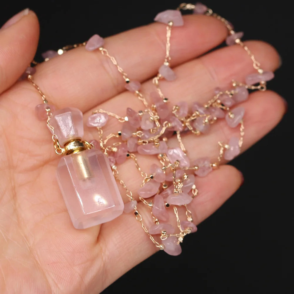 Natural Stone Perfume Bottle Necklace Pink Quartz Pendant Charms For Elegant Women Love Romantic Gift 60 CM - AMULET RING STORE