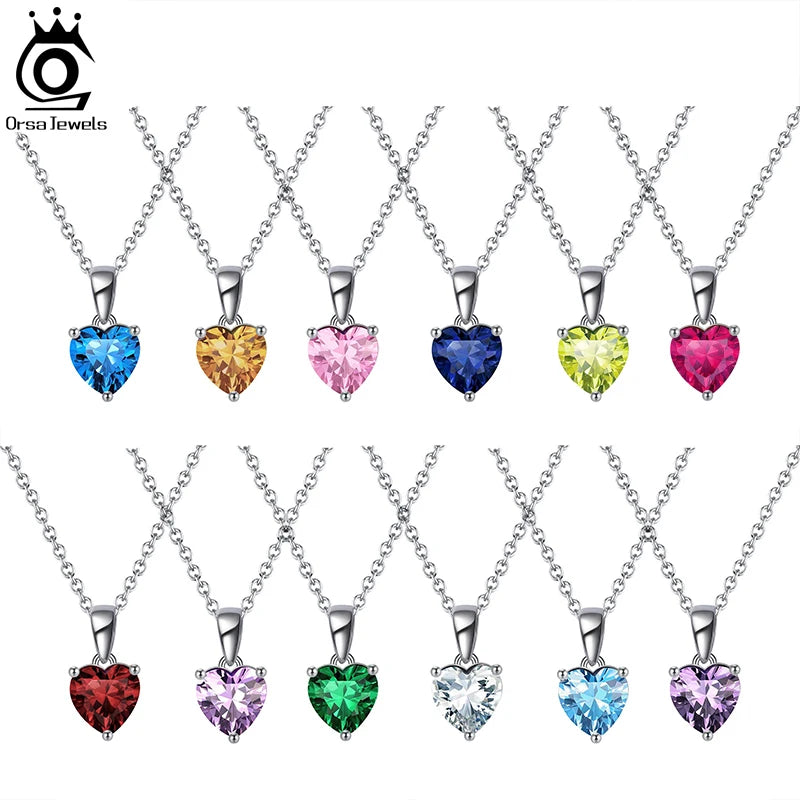 ORSA JEWELS 925 Sterling Silver 12 Color Heart Shaped Birthstone Pendant Necklace Woman Girl's Lucky Birthday Jewelry Gift APN02