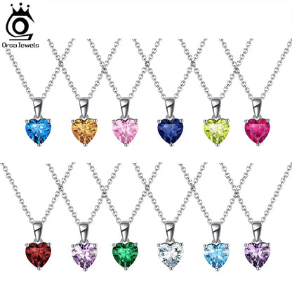 ORSA JEWELS 925 Sterling Silver 12 Color Heart Shaped Birthstone Pendant Necklace Woman Girl's Lucky Birthday Jewelry Gift APN02