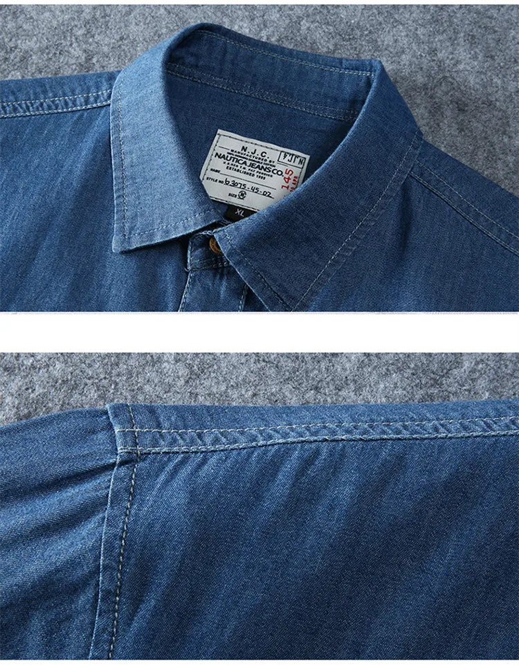 Men's Blue Denim Shirts Short Sleeve Jean Shirts New Summer High Quality Men Cotton Light Blue Denim Shirts Plus size L-8XL