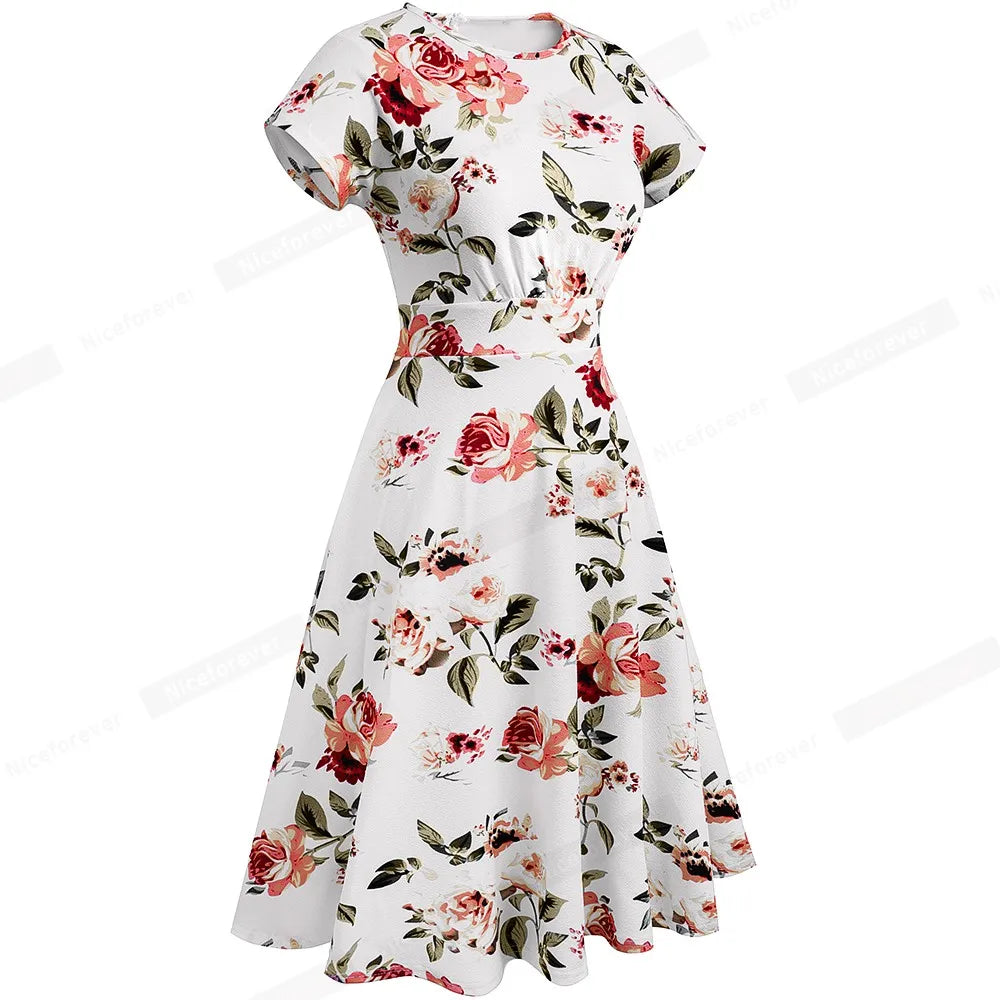 Nice-forever Vintage Elegant Floral Print Pleated Round neck vestidos A-Line Pinup Business Party Women Flare Swing Dress A102