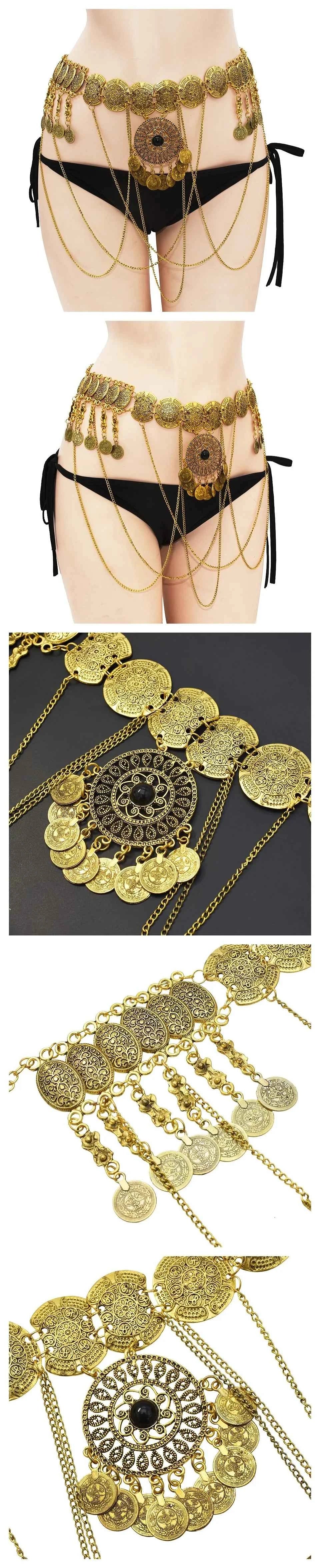 Women Dance Costume Accessories Waist Belt Belly Chain Jewelry Body Chain Swags Rhinestone Medallion Metal Coins Belly Belt