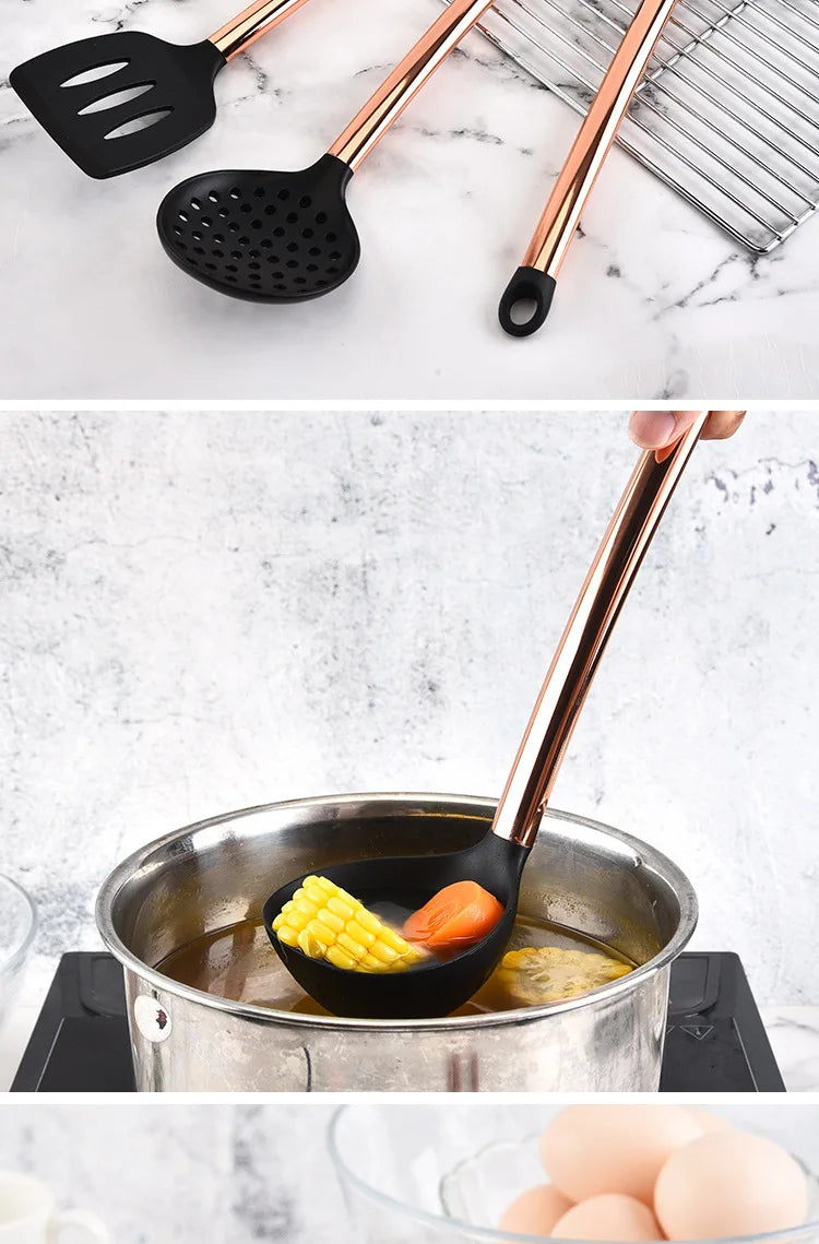 Silicone Kitchenware Large Colander Spatula Soup Spoon Rose Gold Stainless Steel Non-stick Home Kitchen Supplies Cooking Tools