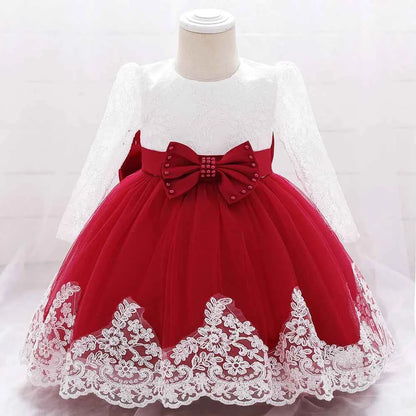 Newborn Long Sleeve Baby Girl Dresses Party Wedding Girl Lace Big Bow Dresses Infant Girl 1st Birthday Princess Baptism Dress
