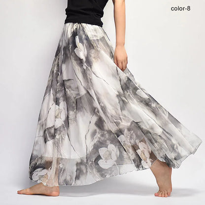New Fashion 2025 Women's BOHO Elegant Florals Print Chiffon Long Skirt Ladies Slim High-Waist Elastic Waist Pleated Skirts SK15