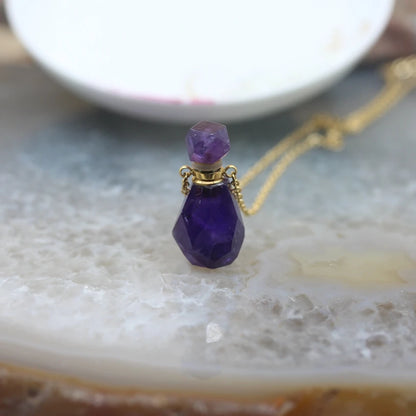 Natural Obsidian Faceted Perfume Bottle Pendants Necklaces,Pink Tourmaline Quartz Essential Oil Diffuser Vial Charms Jewelry - AMULET RING STORE