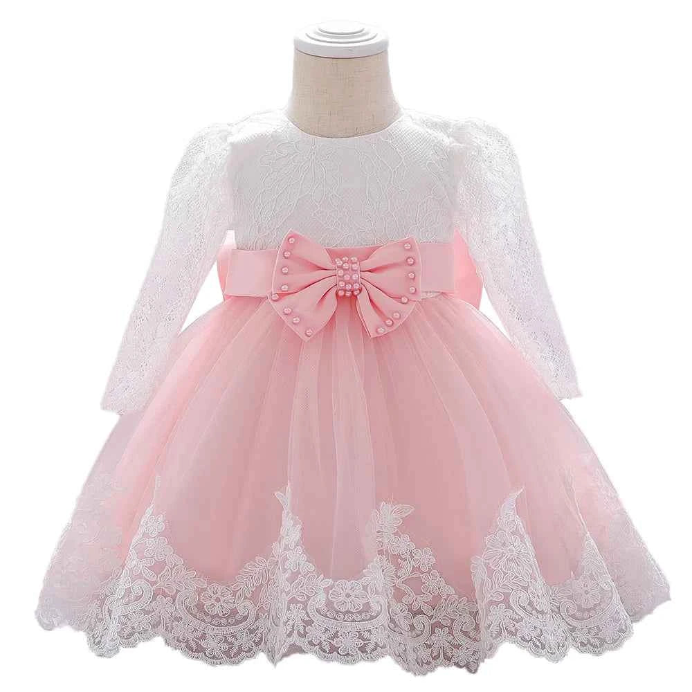 Newborn Long Sleeve Baby Girl Dresses Party Wedding Girl Lace Big Bow Dresses Infant Girl 1st Birthday Princess Baptism Dress