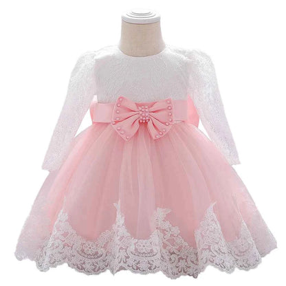 Newborn Long Sleeve Baby Girl Dresses Party Wedding Girl Lace Big Bow Dresses Infant Girl 1st Birthday Princess Baptism Dress