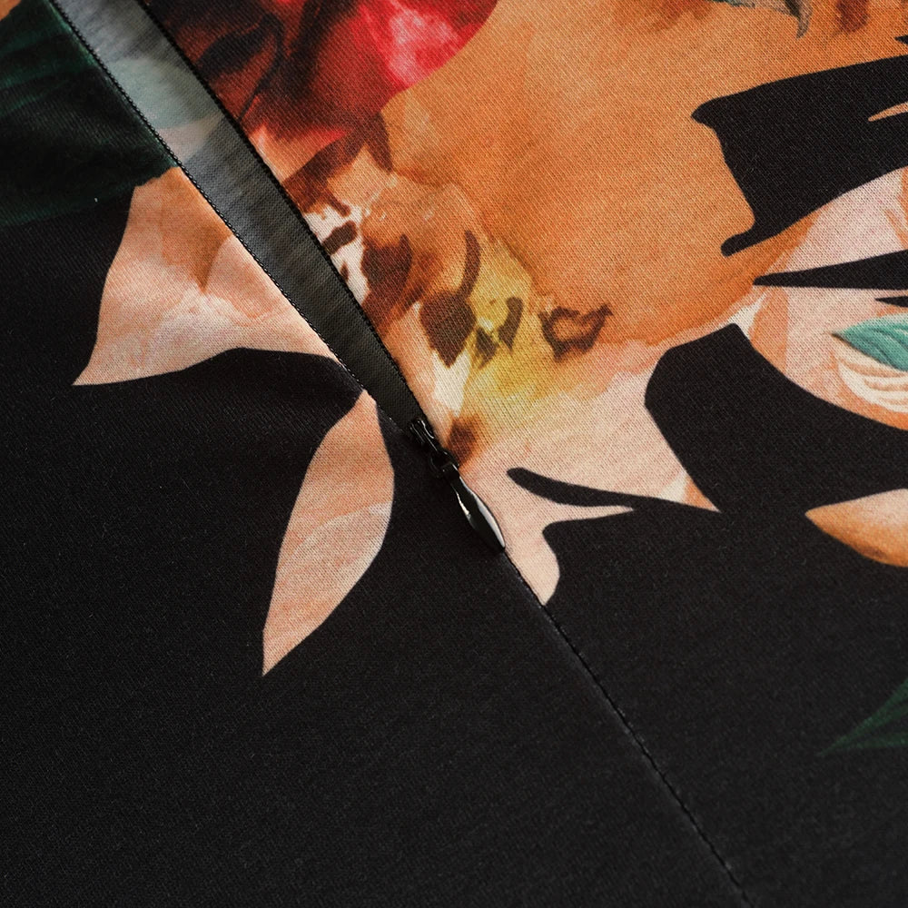 Nice-forever Vintage Elegant Floral Print Pleated Round neck vestidos A-Line Pinup Business Party Women Flare Swing Dress A102