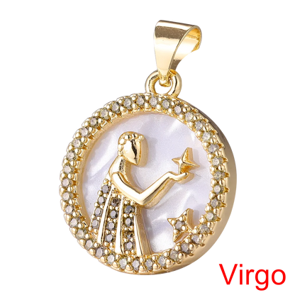 Juya DIY Imitation Pearl Shell 18K Gold Plated 12 Zodiac Charms For Handmade Fashion Birthstone Season Pendants Jewelry Making