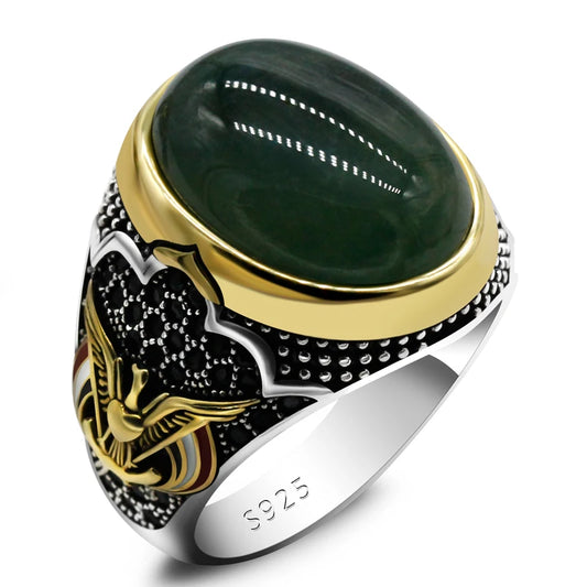 Turkey Jewelry Men Ring with Green Natural Agate Stone 925 Sterling Silver Vintage Eagle CZ Enamel Gold Ring for Women Male Gift