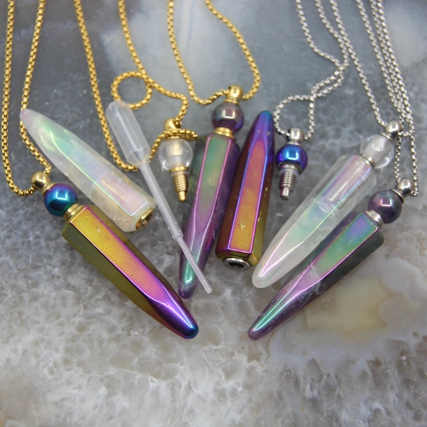 New! Rainbow Aura Titanium Raw Crystal Point Perfume Bottle Necklace Pendants,AB Quartz Essential Oil Diffuser Vial Charms Chain - AMULET RING STORE