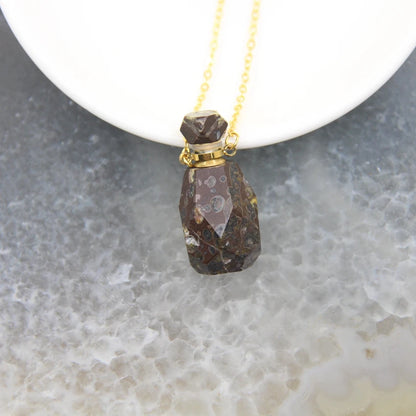 Natural Obsidian Faceted Perfume Bottle Pendants Necklaces,Pink Tourmaline Quartz Essential Oil Diffuser Vial Charms Jewelry - AMULET RING STORE