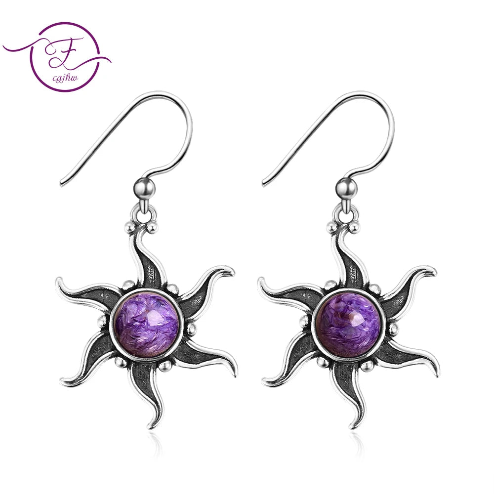 Vintage Boho Natural Charoite Drop Earrings for Women Sunflower Shaped Dangle Earings Statement Party Anniversary Jewelry Gifts