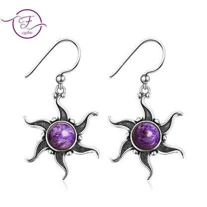 Vintage Boho Natural Charoite Drop Earrings for Women Sunflower Shaped Dangle Earings Statement Party Anniversary Jewelry Gifts