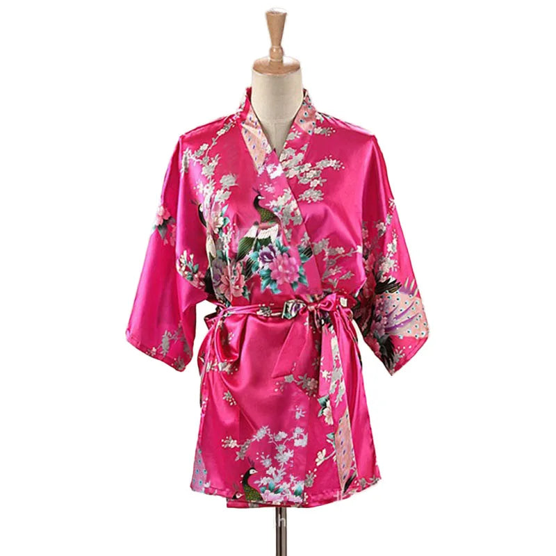 Lace Up Woman Peacock Print Japanese Kimono Yukata Silk Satin Short Style Sleepwear Home Nightgown Bath Robe Costume - AMULET RING STORE