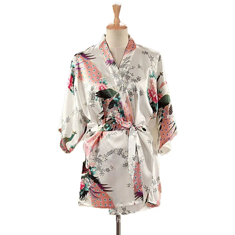 Lace Up Woman Peacock Print Japanese Kimono Yukata Silk Satin Short Style Sleepwear Home Nightgown Bath Robe Costume - AMULET RING STORE
