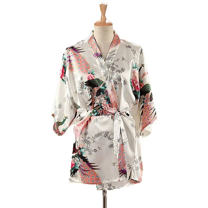Lace Up Woman Peacock Print Japanese Kimono Yukata Silk Satin Short Style Sleepwear Home Nightgown Bath Robe Costume - AMULET RING STORE