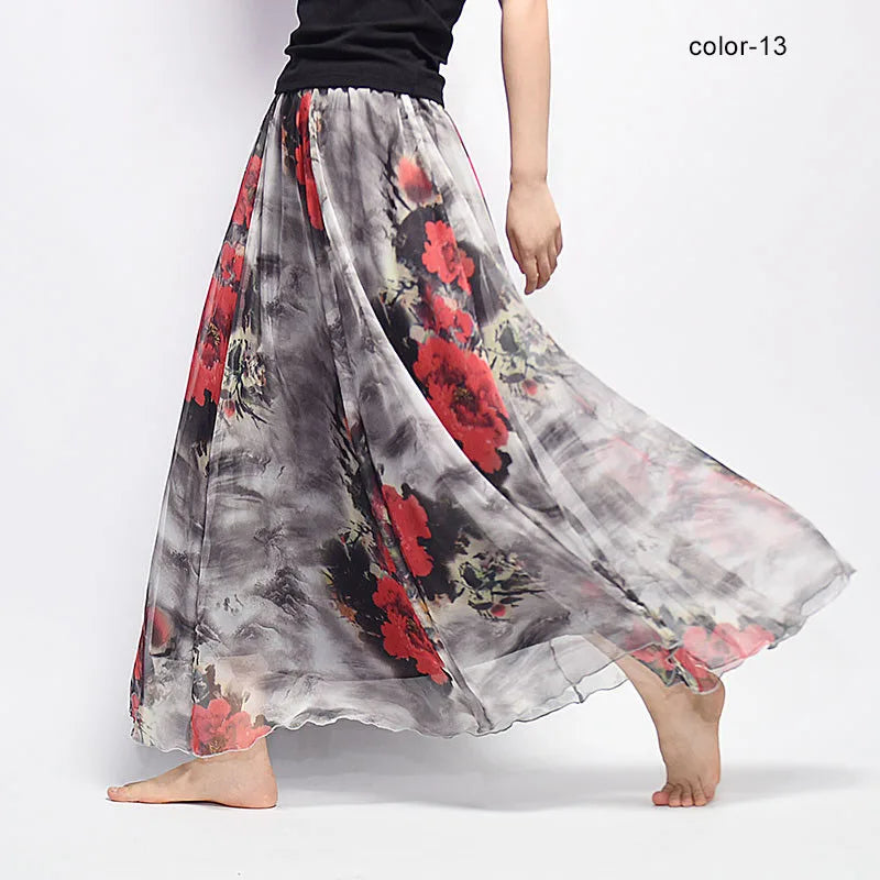 New Fashion 2025 Women's BOHO Elegant Florals Print Chiffon Long Skirt Ladies Slim High-Waist Elastic Waist Pleated Skirts SK15