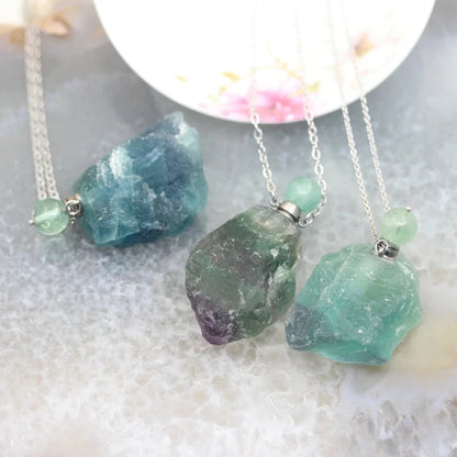 Raw Fluorite Perfume Bottle Pendants,Plated Silvers Necklace Natural Gems stone Quartz Nugget Essential Oil Diffuser Vial Charms - AMULET RING STORE