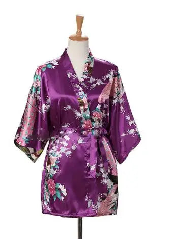 Lace Up Woman Peacock Print Japanese Kimono Yukata Silk Satin Short Style Sleepwear Home Nightgown Bath Robe Costume - AMULET RING STORE