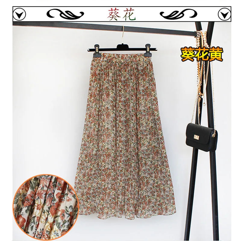 Women Summer Boho Chiffon Long Skirt Elegant Floral Print Pleated Skirts Elastic High Waist Casual Midi Skirt Women Clothes 2021