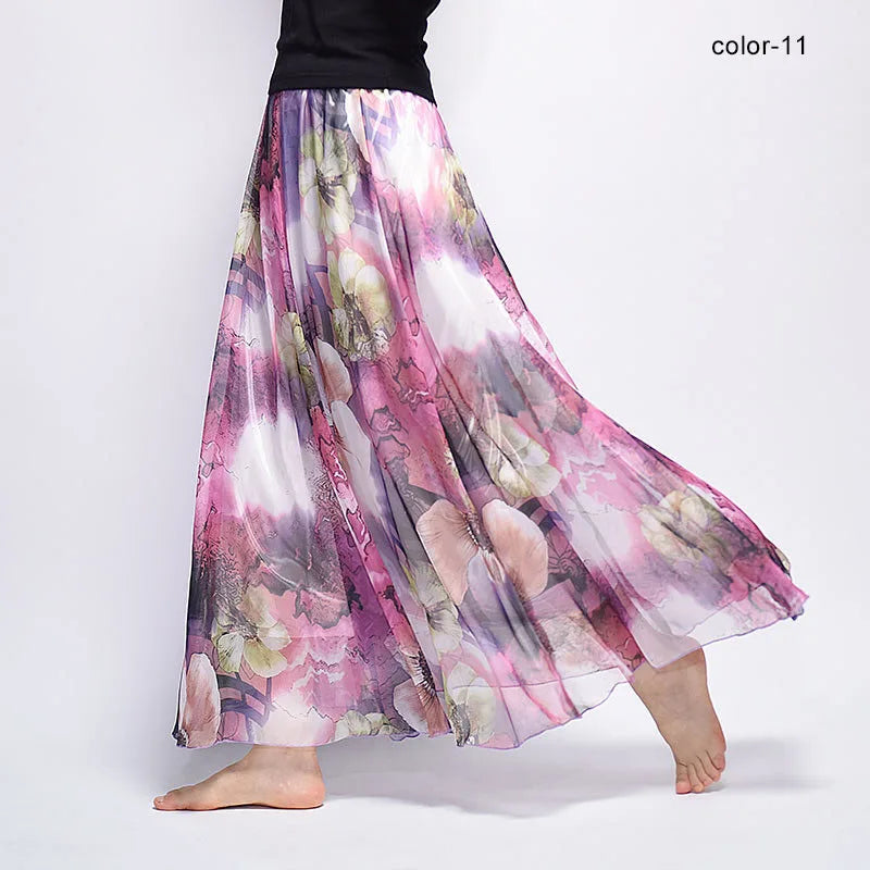 New Fashion 2025 Women's BOHO Elegant Florals Print Chiffon Long Skirt Ladies Slim High-Waist Elastic Waist Pleated Skirts SK15