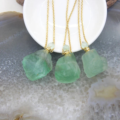 Raw Fluorite Perfume Bottle Pendants,Plated Silvers Necklace Natural Gems stone Quartz Nugget Essential Oil Diffuser Vial Charms - AMULET RING STORE