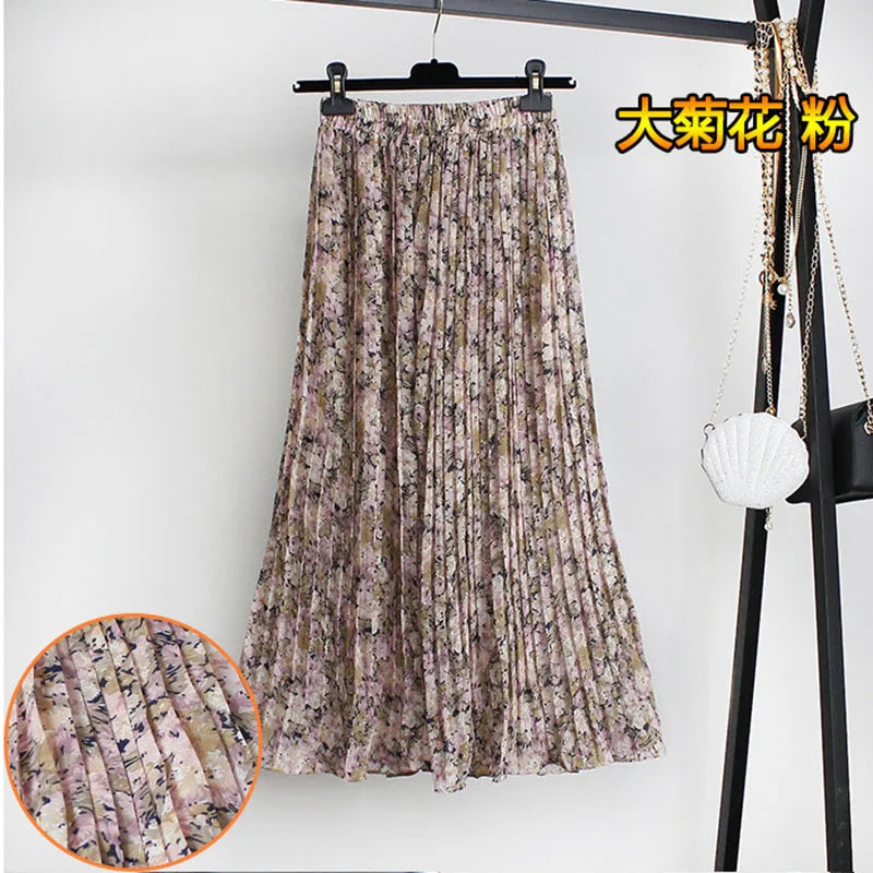 Women Summer Boho Chiffon Long Skirt Elegant Floral Print Pleated Skirts Elastic High Waist Casual Midi Skirt Women Clothes 2021