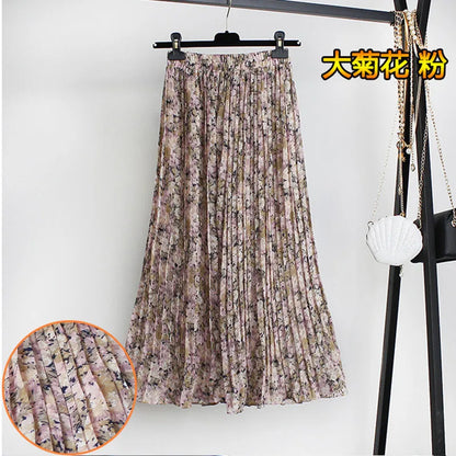 Women Summer Boho Chiffon Long Skirt Elegant Floral Print Pleated Skirts Elastic High Waist Casual Midi Skirt Women Clothes 2021