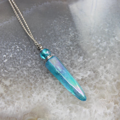 New! Rainbow Aura Titanium Raw Crystal Point Perfume Bottle Necklace Pendants,AB Quartz Essential Oil Diffuser Vial Charms Chain - AMULET RING STORE