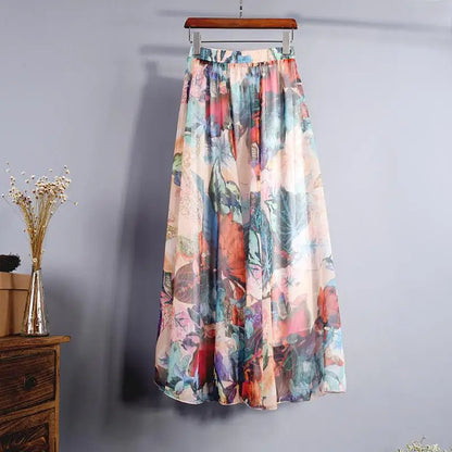 New Fashion 2025 Women's BOHO Elegant Florals Print Chiffon Long Skirt Ladies Slim High-Waist Elastic Waist Pleated Skirts SK15