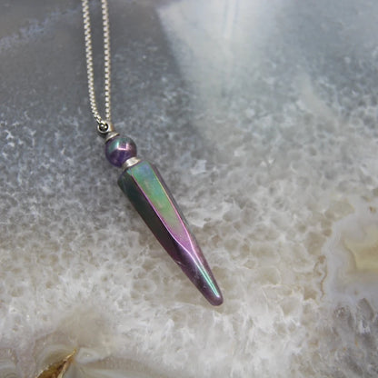New! Rainbow Aura Titanium Raw Crystal Point Perfume Bottle Necklace Pendants,AB Quartz Essential Oil Diffuser Vial Charms Chain - AMULET RING STORE