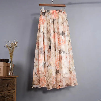New Fashion 2025 Women's BOHO Elegant Florals Print Chiffon Long Skirt Ladies Slim High-Waist Elastic Waist Pleated Skirts SK15