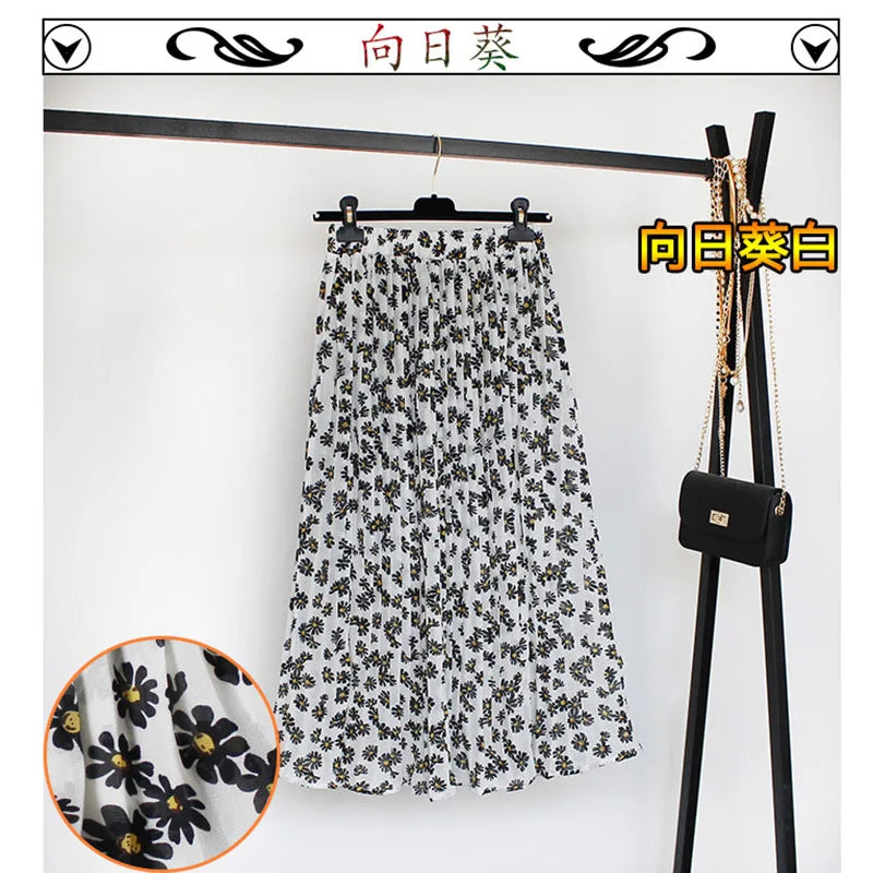 Women Summer Boho Chiffon Long Skirt Elegant Floral Print Pleated Skirts Elastic High Waist Casual Midi Skirt Women Clothes 2021