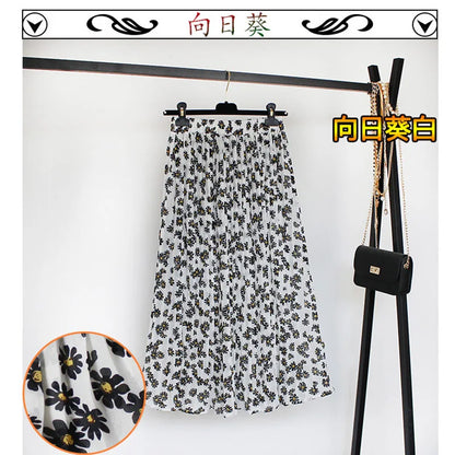 Women Summer Boho Chiffon Long Skirt Elegant Floral Print Pleated Skirts Elastic High Waist Casual Midi Skirt Women Clothes 2021