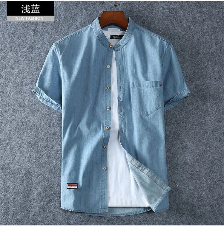 Men's Blue Denim Shirts Short Sleeve Jean Shirts New Summer High Quality Men Cotton Light Blue Denim Shirts Plus size L-8XL