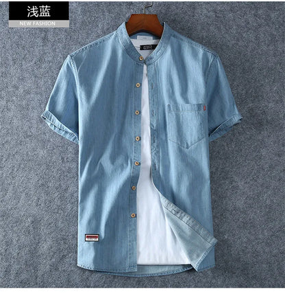 Men's Blue Denim Shirts Short Sleeve Jean Shirts New Summer High Quality Men Cotton Light Blue Denim Shirts Plus size L-8XL