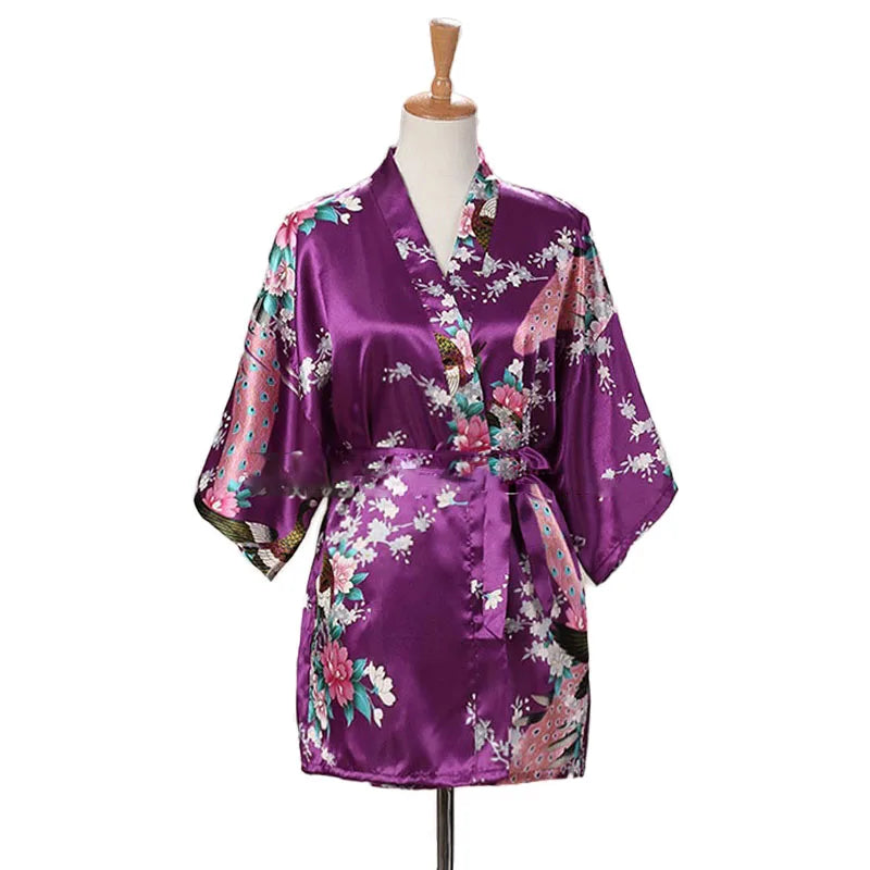 Lace Up Woman Peacock Print Japanese Kimono Yukata Silk Satin Short Style Sleepwear Home Nightgown Bath Robe Costume - AMULET RING STORE