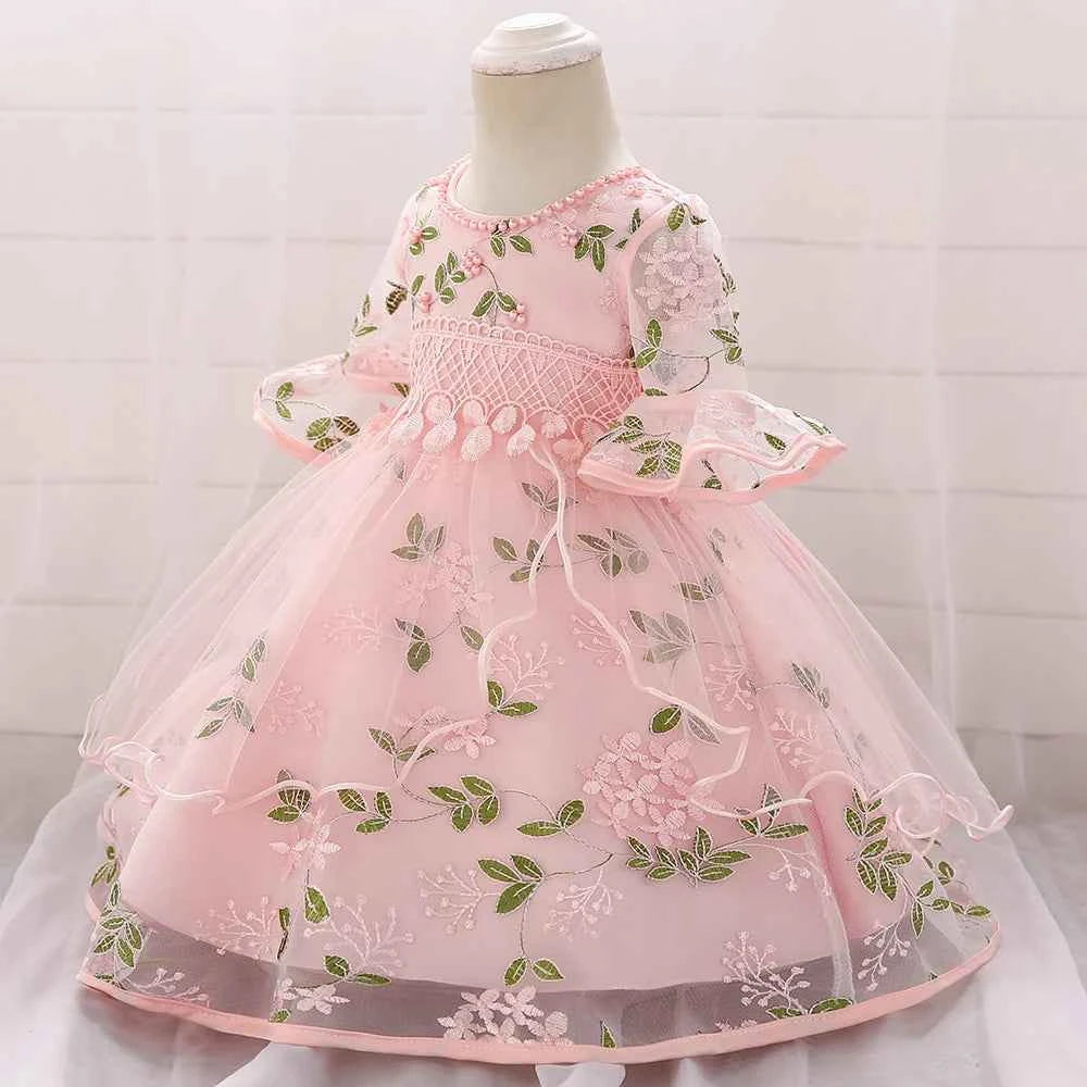 Long Sleeve Flower Baby Girls Dresses Newborn Pink 1st Birthday Tulle Princess Dress For Girl Bridesmaid Wedding Summer Clothing