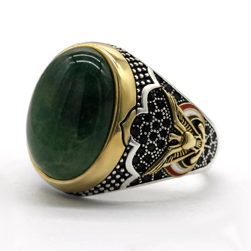 Turkey Jewelry Men Ring with Green Natural Agate Stone 925 Sterling Silver Vintage Eagle CZ Enamel Gold Ring for Women Male Gift AMULET RING STORE